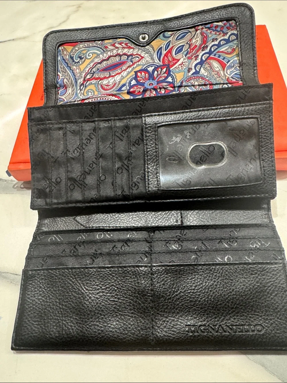 Tignanello Black Leather Trifold Wallet with White Stitching Genuine Leather
